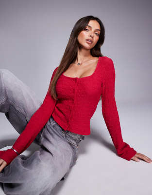 Asos Design Scoop Neck Button Up Textured Top With Angel Sleeve In Red