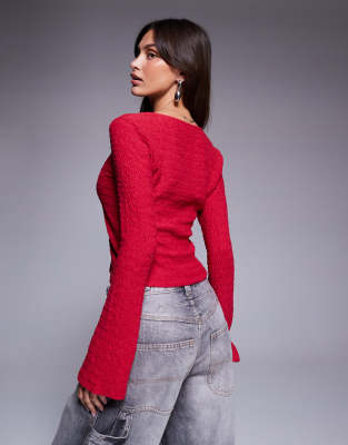 Asos Design Scoop Neck Button Up Textured Top With Angel Sleeve In Red