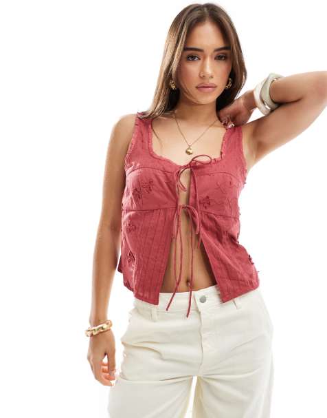 ASOS DESIGN scoop neck cami in 3D floral fabric in dark red - view 1
