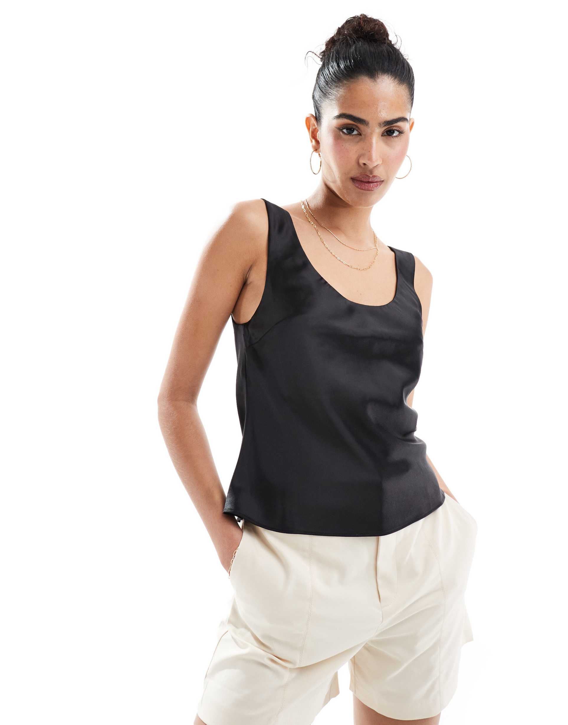 asos design scoop neck cami in satin in black