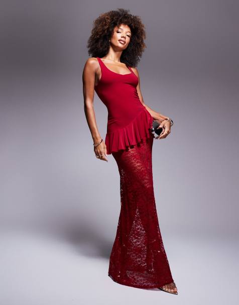 ASOS DESIGN scoop neck cami maxi dress with double ruffle sheer lace skirt in burgundy - view 1
