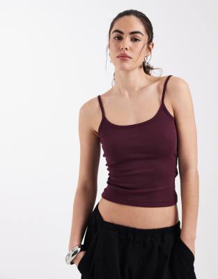 Asos Design Scoop Neck Cami With Elastic Straps In Burgundy
