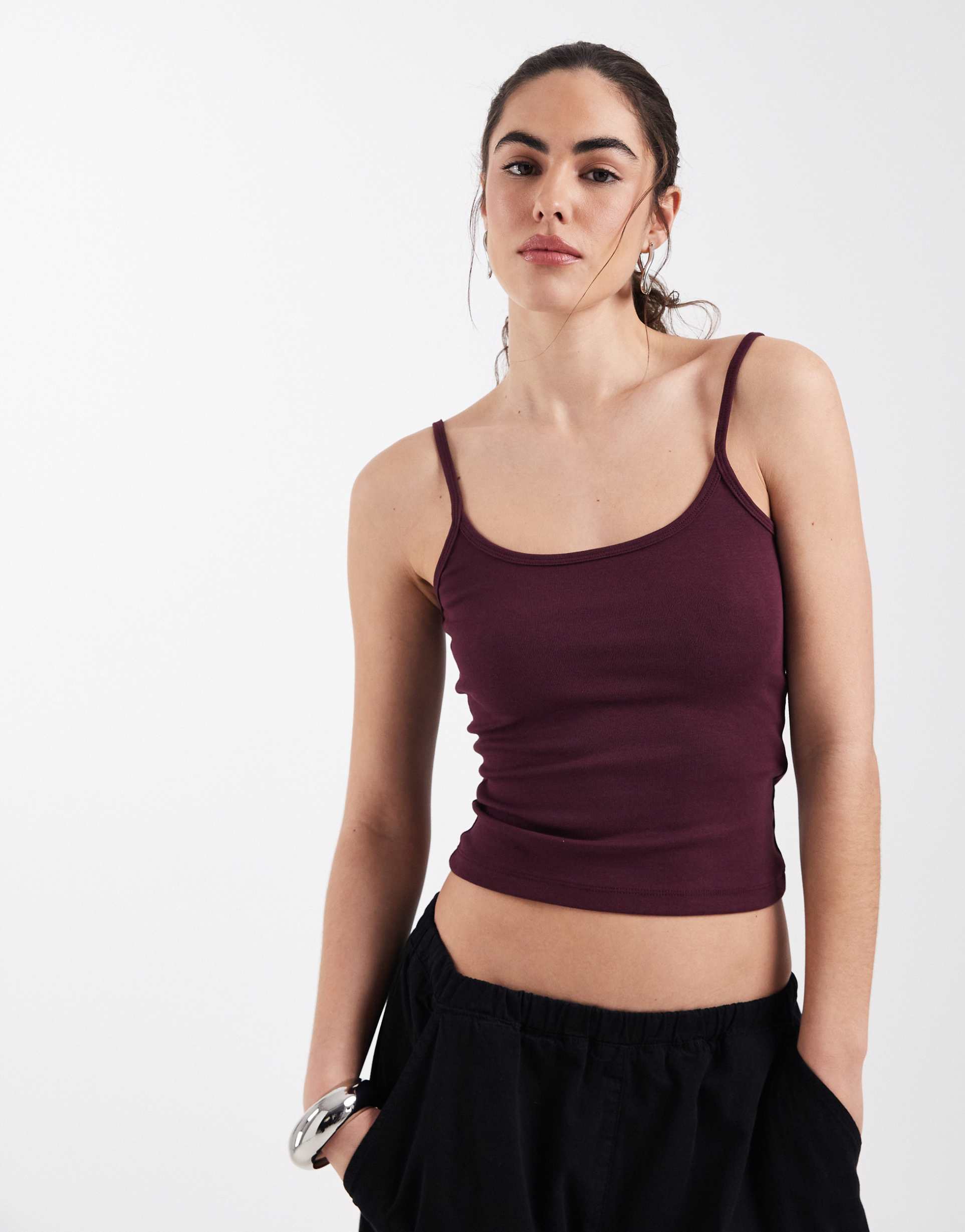 asos design scoop neck cami with elastic straps in burgundy