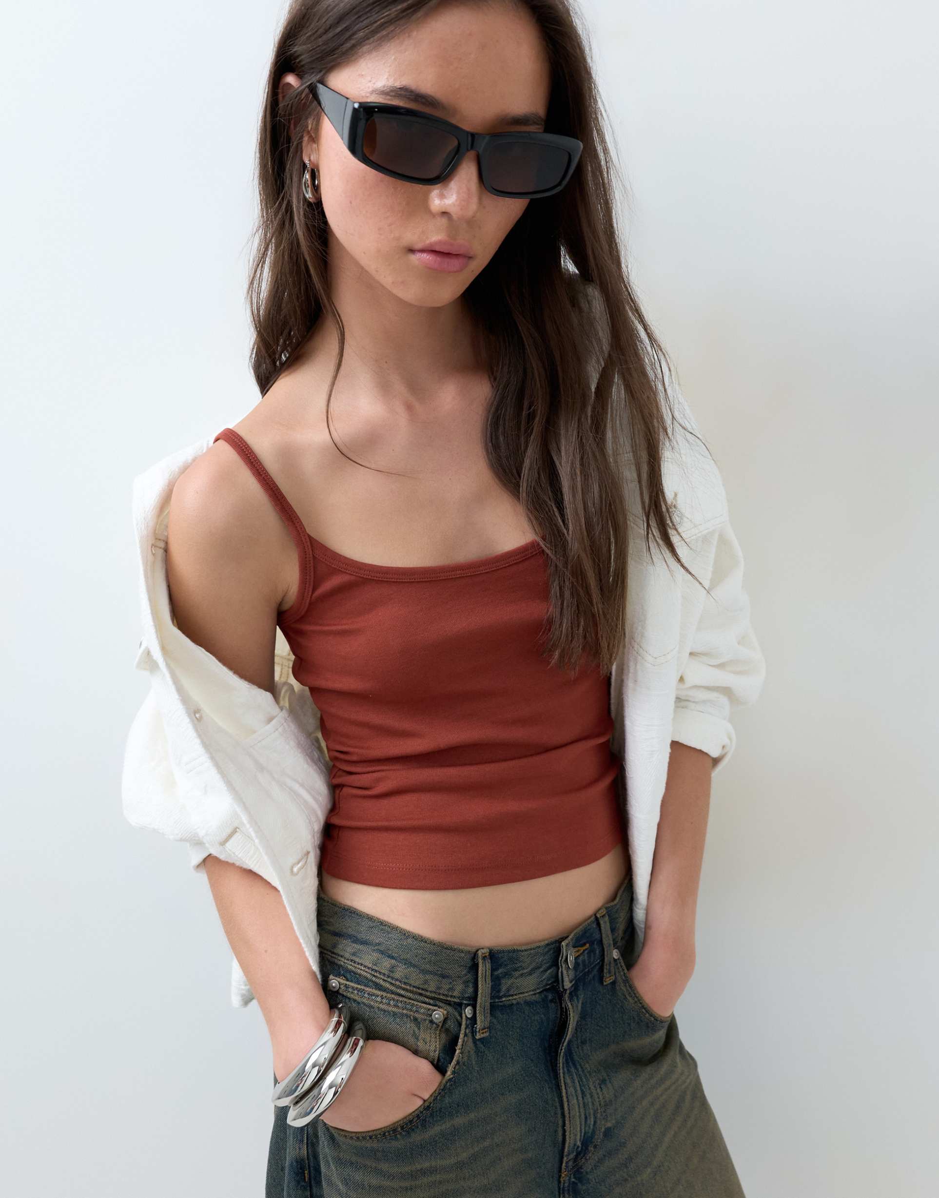 asos design scoop neck cami with elastic straps in rust