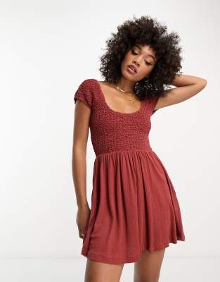 Asos Design Scoop Neck Cap Sleeve Crinkle Shirred Mini Dress In Brown