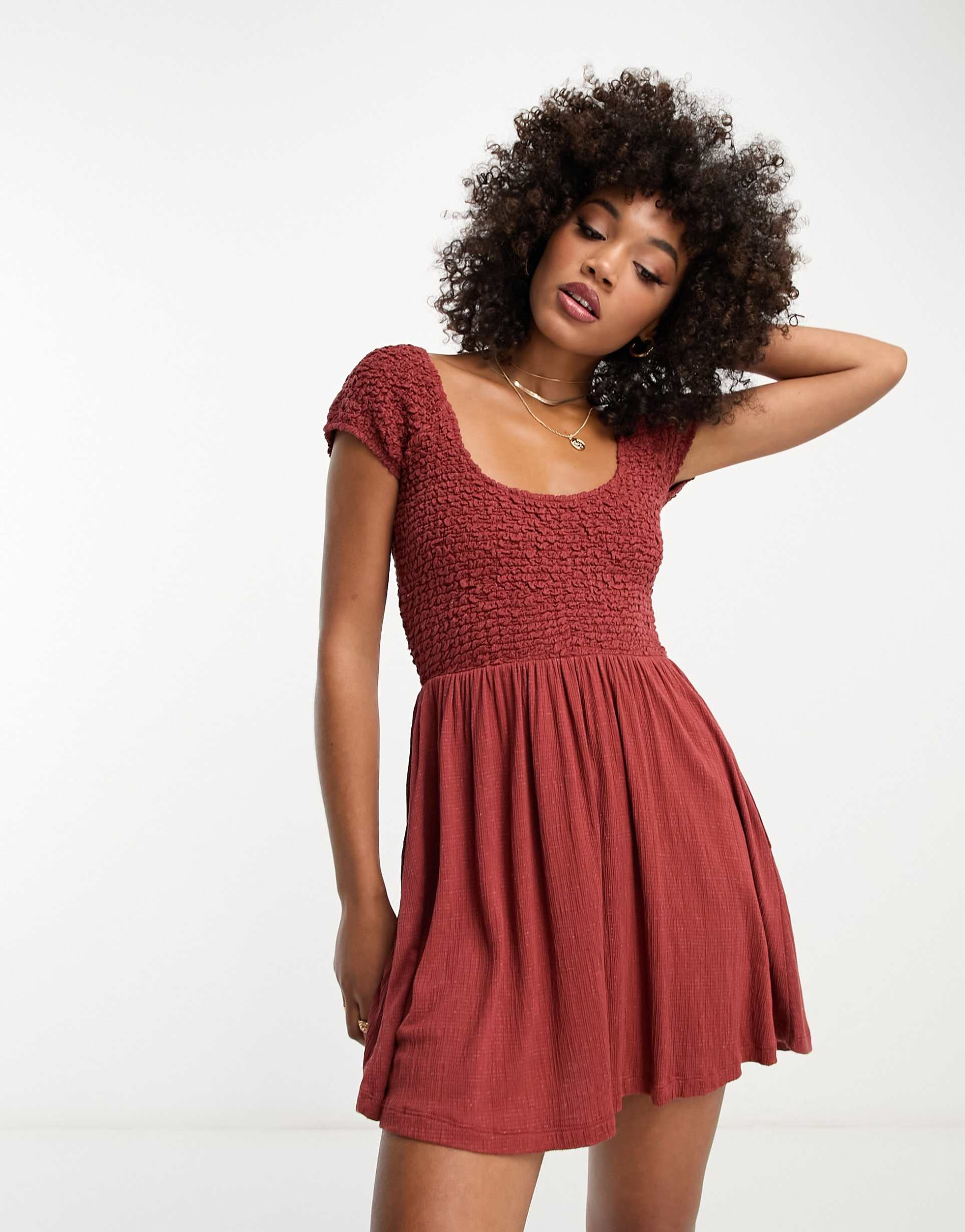 asos design scoop neck cap sleeve crinkle shirred mini dress in brown