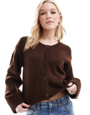 Asos Design Scoop Neck Cardigan In Chocolate-brown