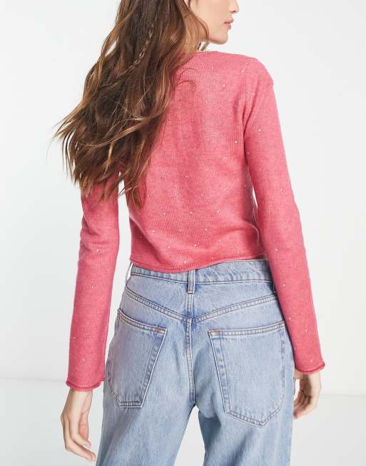 ASOS DESIGN scoop neck cardigan with hot fix embellishment in pink, 2 of 4