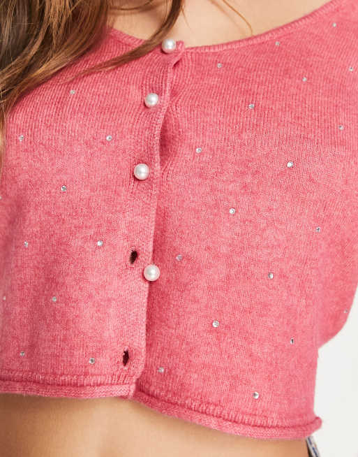 ASOS DESIGN scoop neck cardigan with hot fix embellishment in pink, 4 of 4