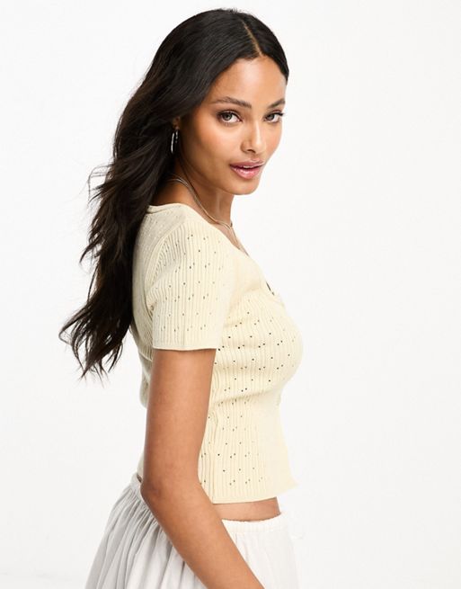 ASOS DESIGN scoop neck cardigan with short sleeves in pointelle stitch in  cream