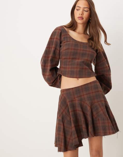 ASOS DESIGN scoop neck cocoon sleeve co-ord top in brown checks - view 1