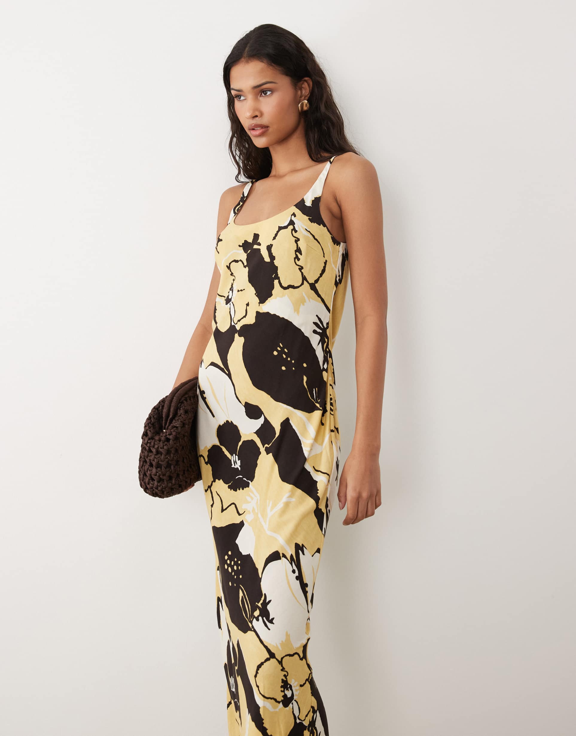 asos design scoop neck column maxi dress in black and lime abstract print