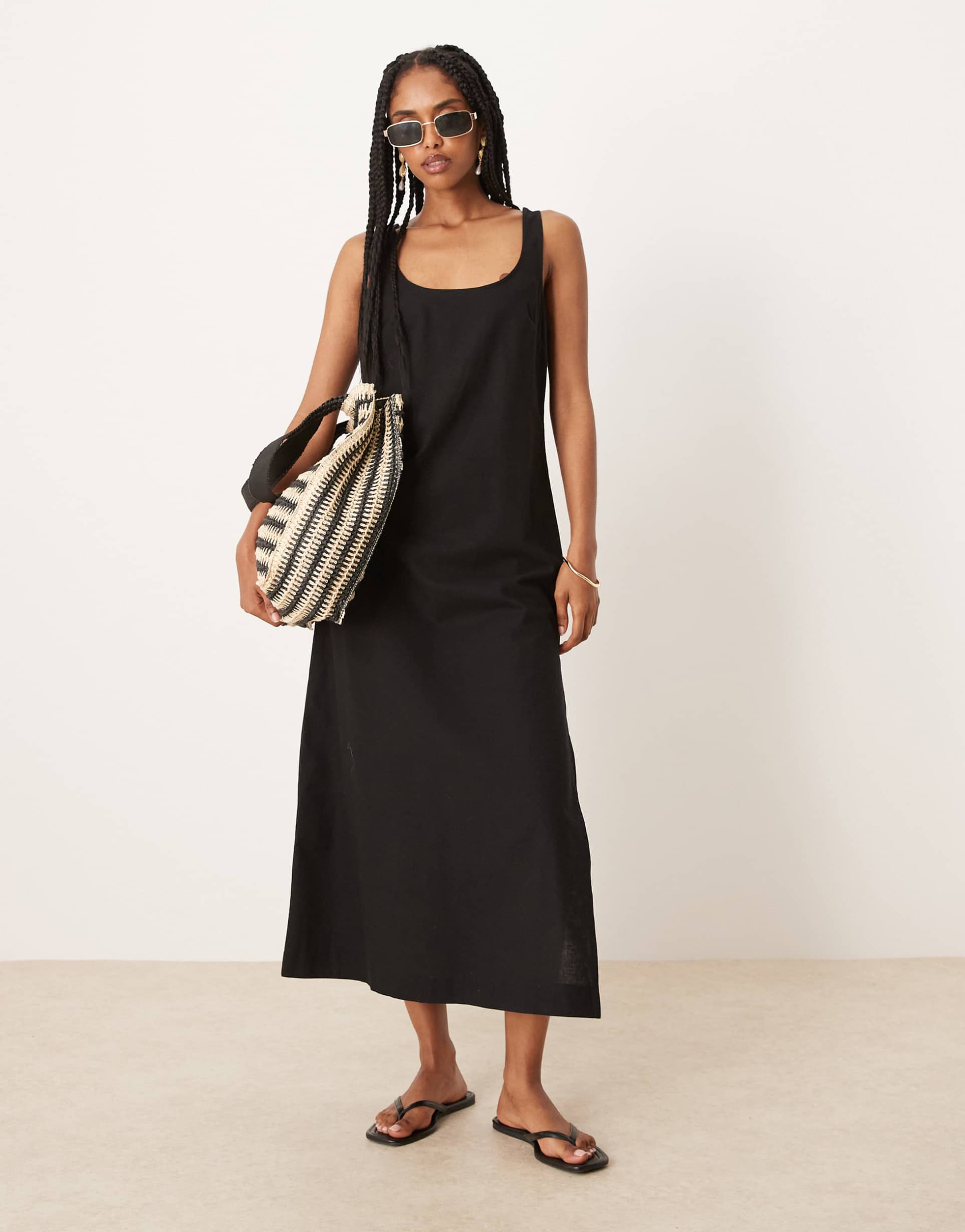 asos design scoop neck cotton linen blend midi sundress in black