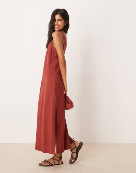 ASOS DESIGN scoop neck cotton linen midi dress in burgundy - view 1