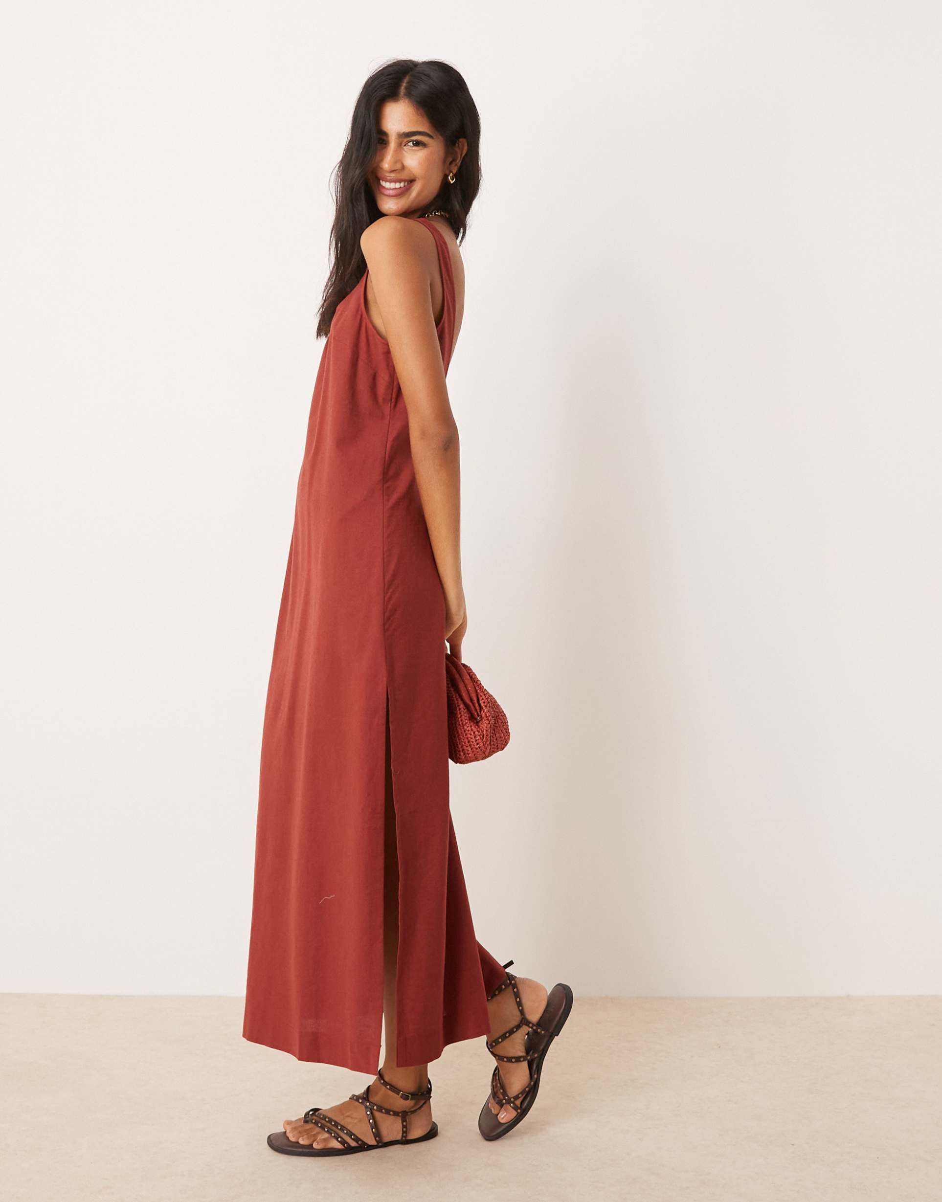 asos design scoop neck cotton linen midi dress in burgundy