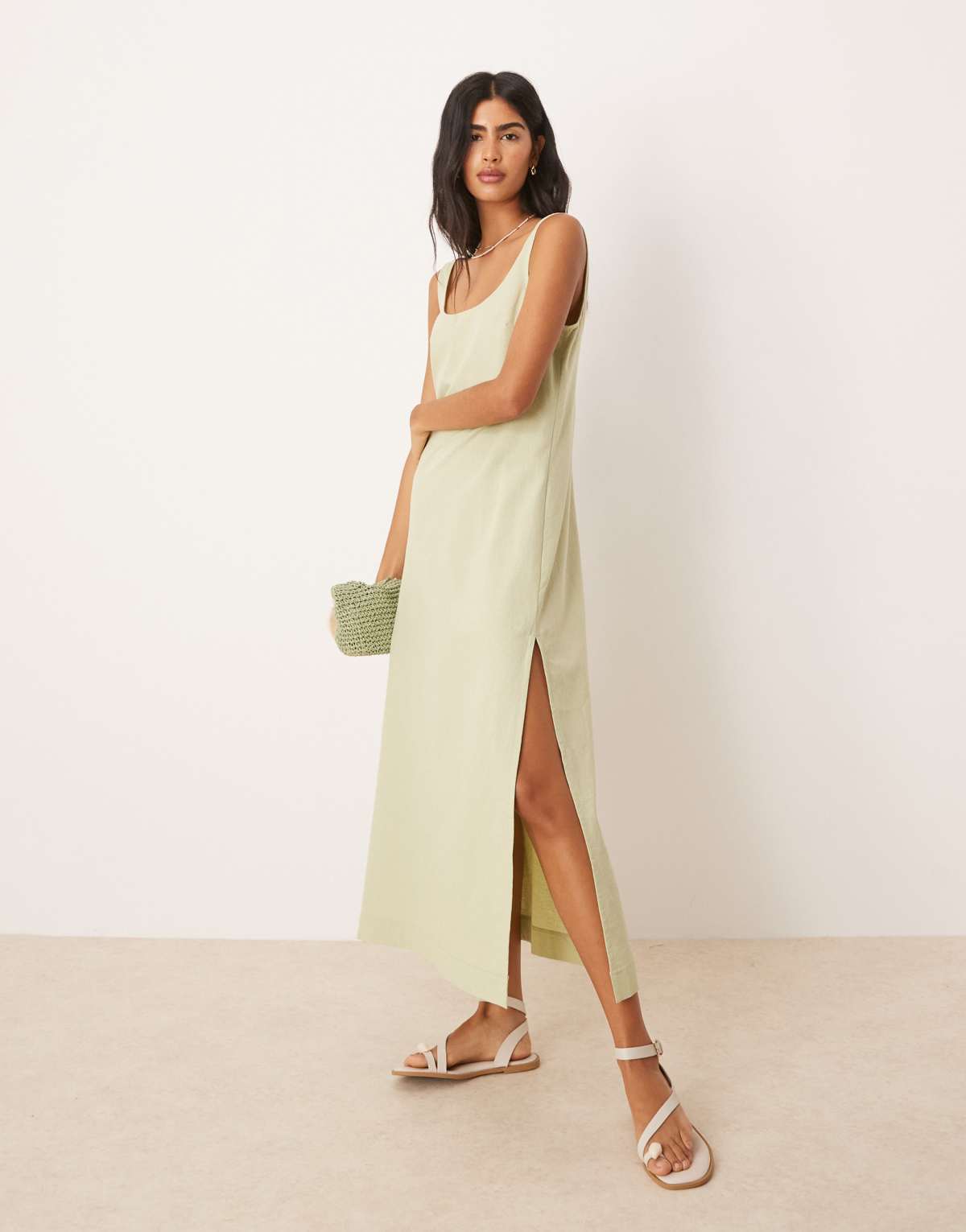 ASOS DESIGN scoop neck cotton linen midi dress in sage