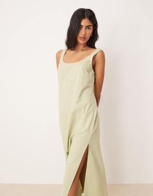 ASOS DESIGN scoop neck cotton linen midi dress in sage
