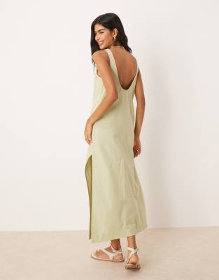 ASOS DESIGN scoop neck cotton linen midi dress in sage