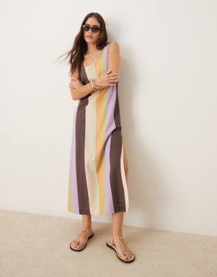 scoop neck cotton linen midi dress in stripes-Multi