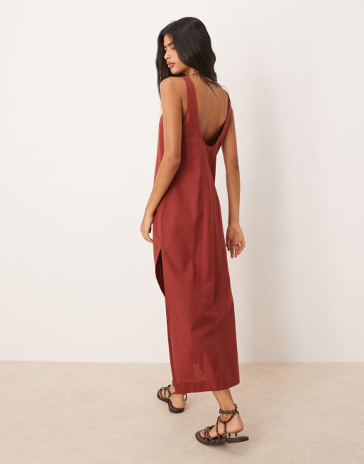 ASOS DESIGN scoop neck cotton linen midi sundress in burgundy , 3 of 4