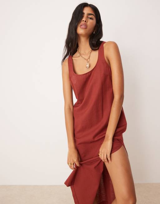 ASOS DESIGN scoop neck cotton linen midi sundress in burgundy , 4 of 4