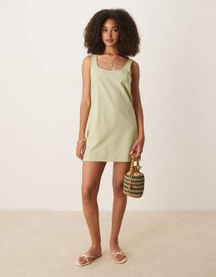 ASOS DESIGN scoop neck cotton linen mini dress in sage