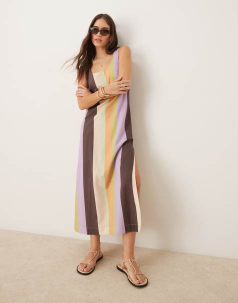 ASOS DESIGN scoop neck cotton linen mix midi dress in stripe - view 1