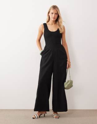 Asos Design Scoop Neck Crinkle Jumpsuit In Black