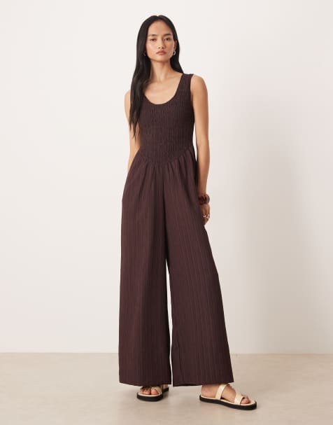 ASOS DESIGN scoop neck crinkle jumpsuit in brown - view 1