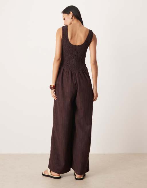 ASOS DESIGN scoop neck crinkle jumpsuit in brown, 4 of 4