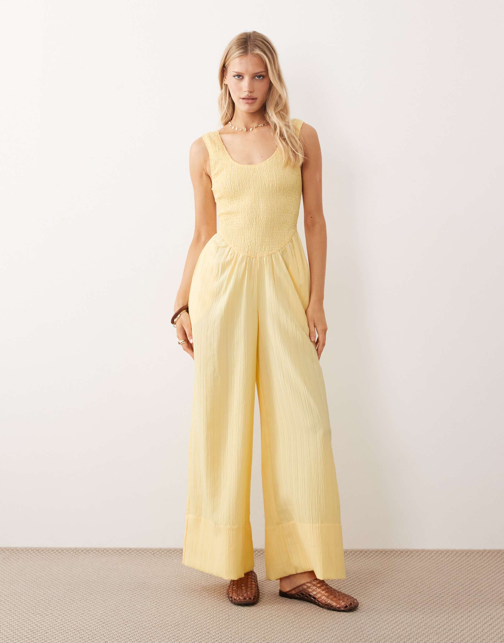 asos design scoop neck crinkle jumpsuit in buttermilk