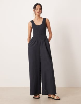 Asos Design Scoop Neck Crinkle Jumpsuit In Gray