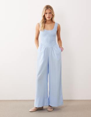 Asos Design Scoop Neck Crinkle Jumpsuit In Blue