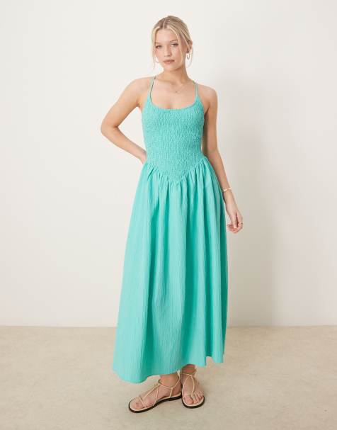 ASOS DESIGN scoop neck crinkle maxi dress with cross back in aqua blue - view 1