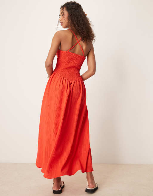 ASOS DESIGN scoop neck crinkle maxi dress with cross back in bright red