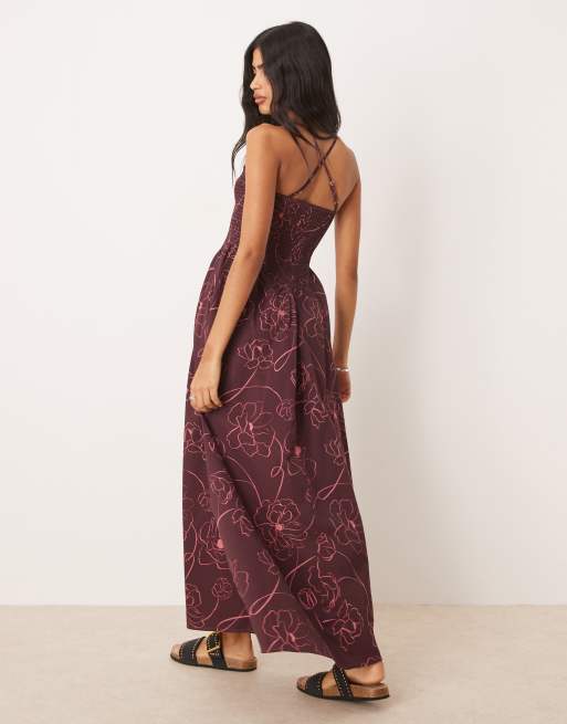 ASOS DESIGN scoop neck crinkle maxi dress with cross back in burgundy floral print