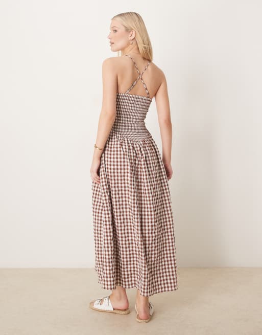 ASOS DESIGN scoop neck crinkle maxi dress with cross back in chocolate gingham