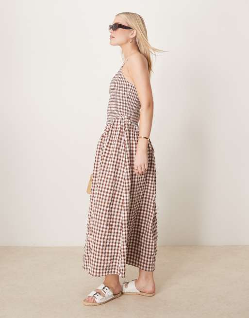 ASOS DESIGN scoop neck crinkle maxi dress with cross back in chocolate gingham