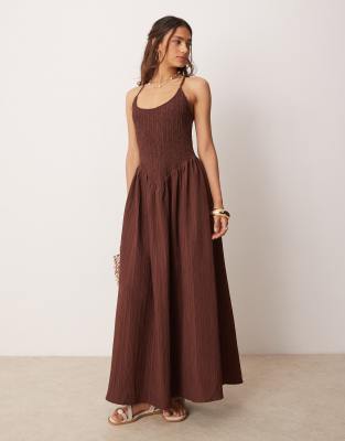 Asos Design Scoop Neck Crinkle Maxi Dress With Cross Back In Brown