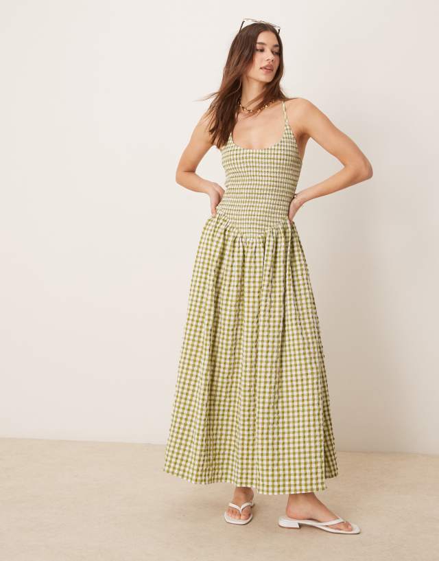 green gingham maxi dress ASOS DESIGN scoop neck crinkle with cross back in Midi dress