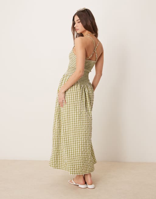 ASOS DESIGN scoop neck crinkle maxi dress with cross back in green gingham