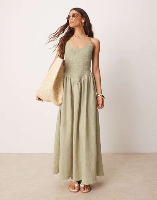 ASOS DESIGN scoop neck crinkle maxi dress with cross back in sand