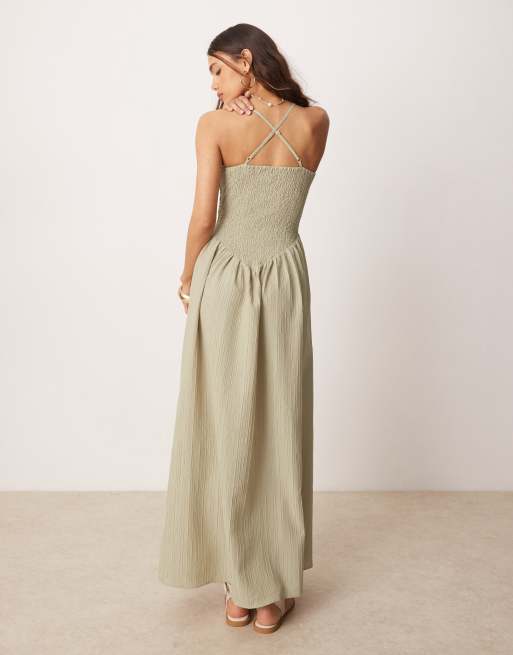 ASOS DESIGN scoop neck crinkle maxi dress with cross back in sand