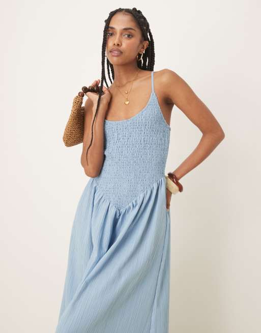 ASOS DESIGN scoop neck crinkle maxi dress with cross back in steel blue