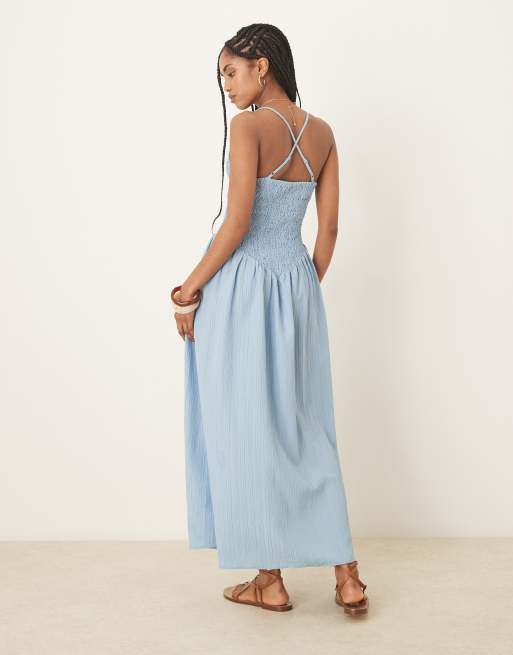 ASOS DESIGN scoop neck crinkle maxi dress with cross back in steel blue, 3 of 4