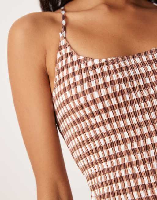 ASOS DESIGN scoop neck crinkle maxi sundress with cross back in chocolate gingham, 2 of 4