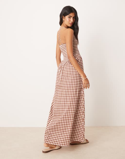 ASOS DESIGN scoop neck crinkle maxi sundress with cross back in chocolate gingham, 3 of 4