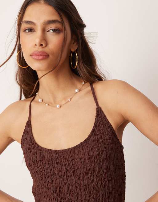 ASOS DESIGN scoop neck crinkle maxi sundress with cross back in chocolate, 3 of 4