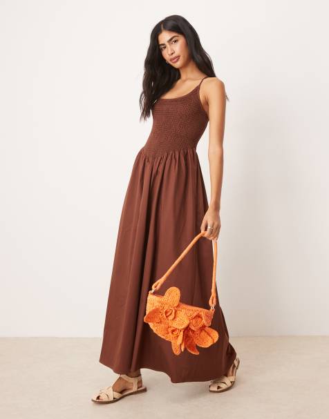 ASOS DESIGN scoop neck crinkle maxi sundress with cross back in chocolate - view 1