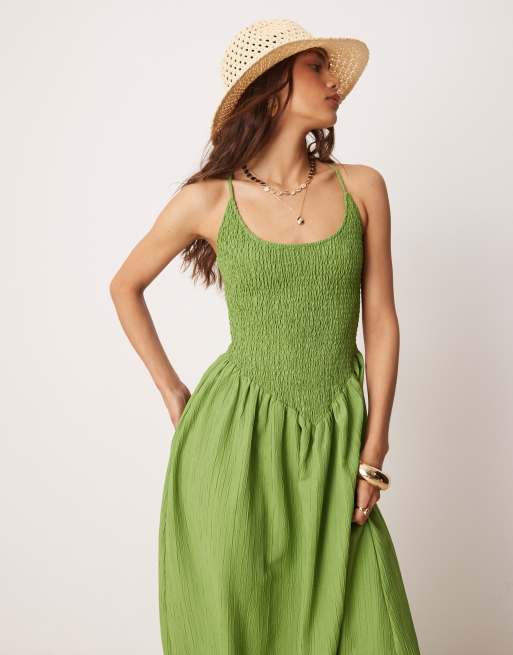 ASOS DESIGN scoop neck crinkle maxi sundress with cross back in green, 2 of 4